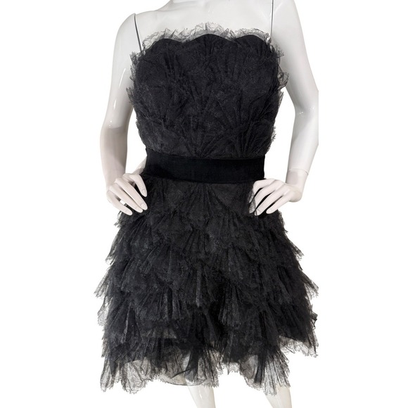 Tadashi Shoji Black Tulle Ruffled Silk Contrast Strapless Bustier Dress Sz 4 - Picture 3 of 12